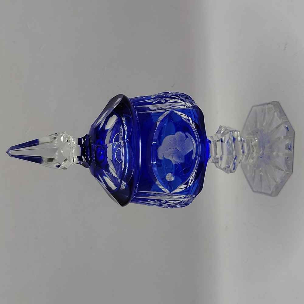 Vintage Bohemian Crystal Blue to Clear Apothecary Jar with Etched Cameo 7" tall